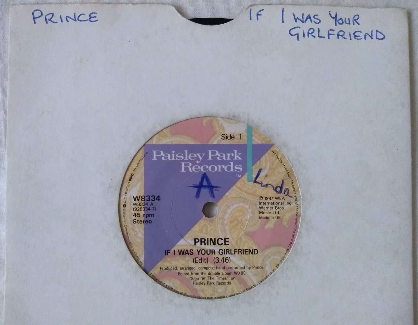 Prince - If I was Your Girlfriend (Paisley Park 1987) 7" vinyl single VG/-