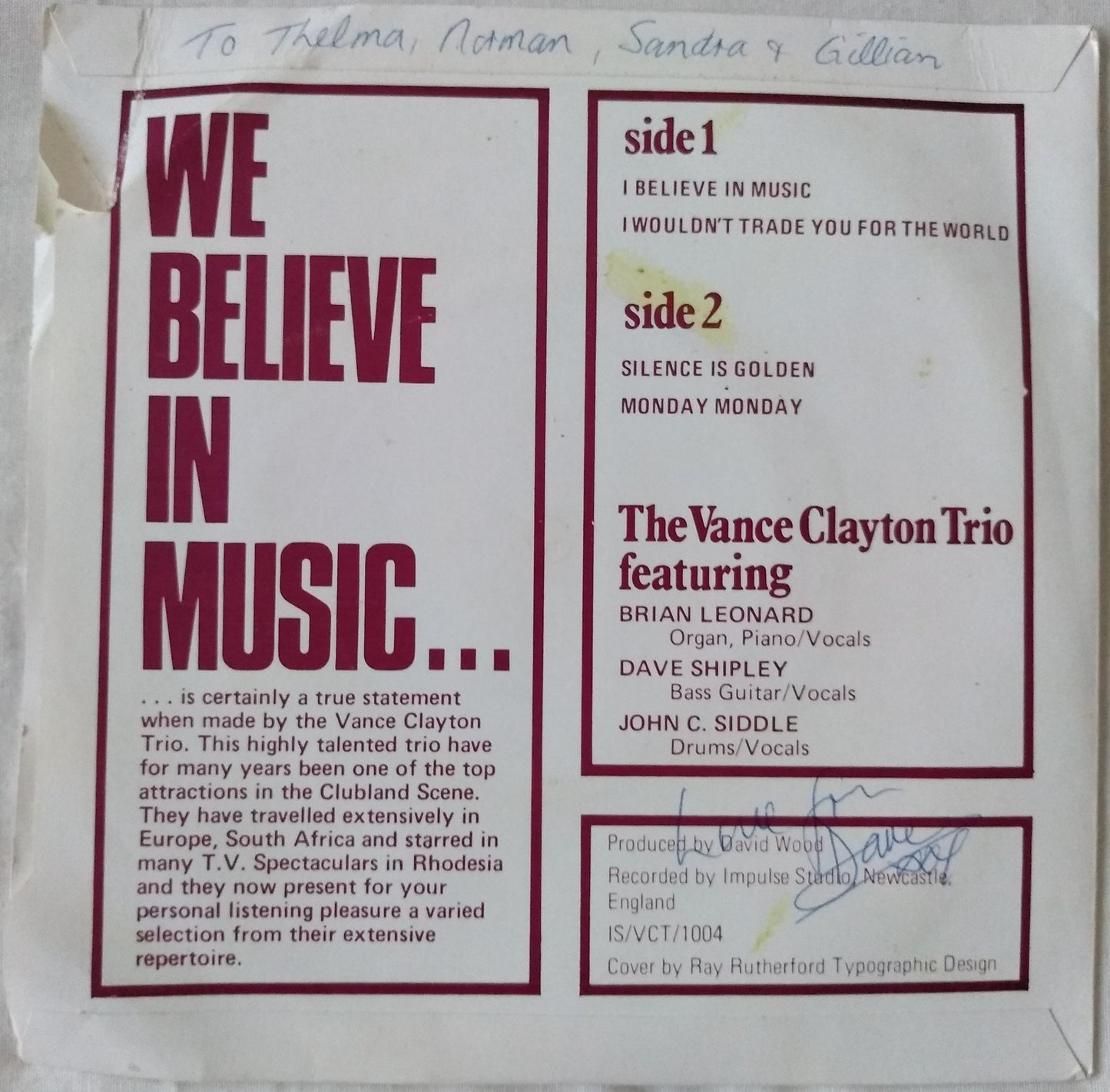 The Vance Clayton Trio – We Believe In Music 7" vinyl EP VG/VG