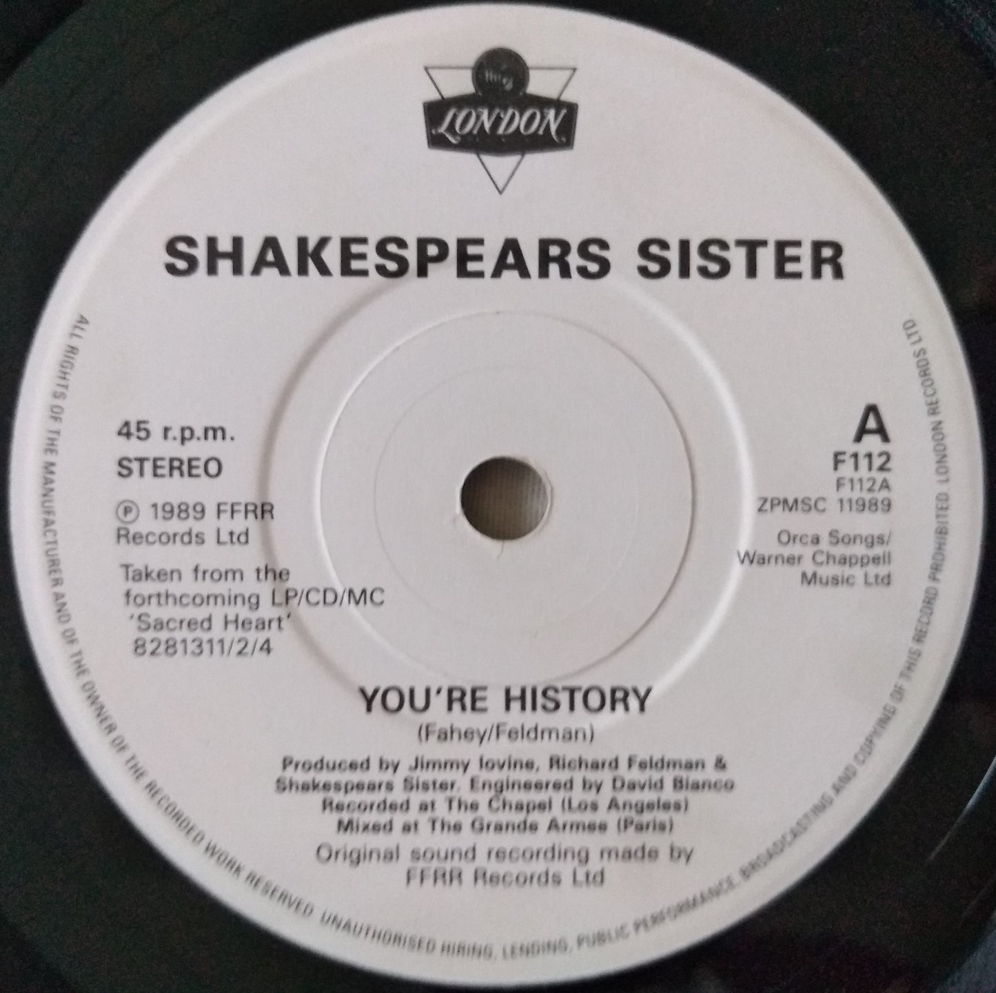 Shakespear's Sister - You're History  (London 1989) 7" vinyl single VG/-