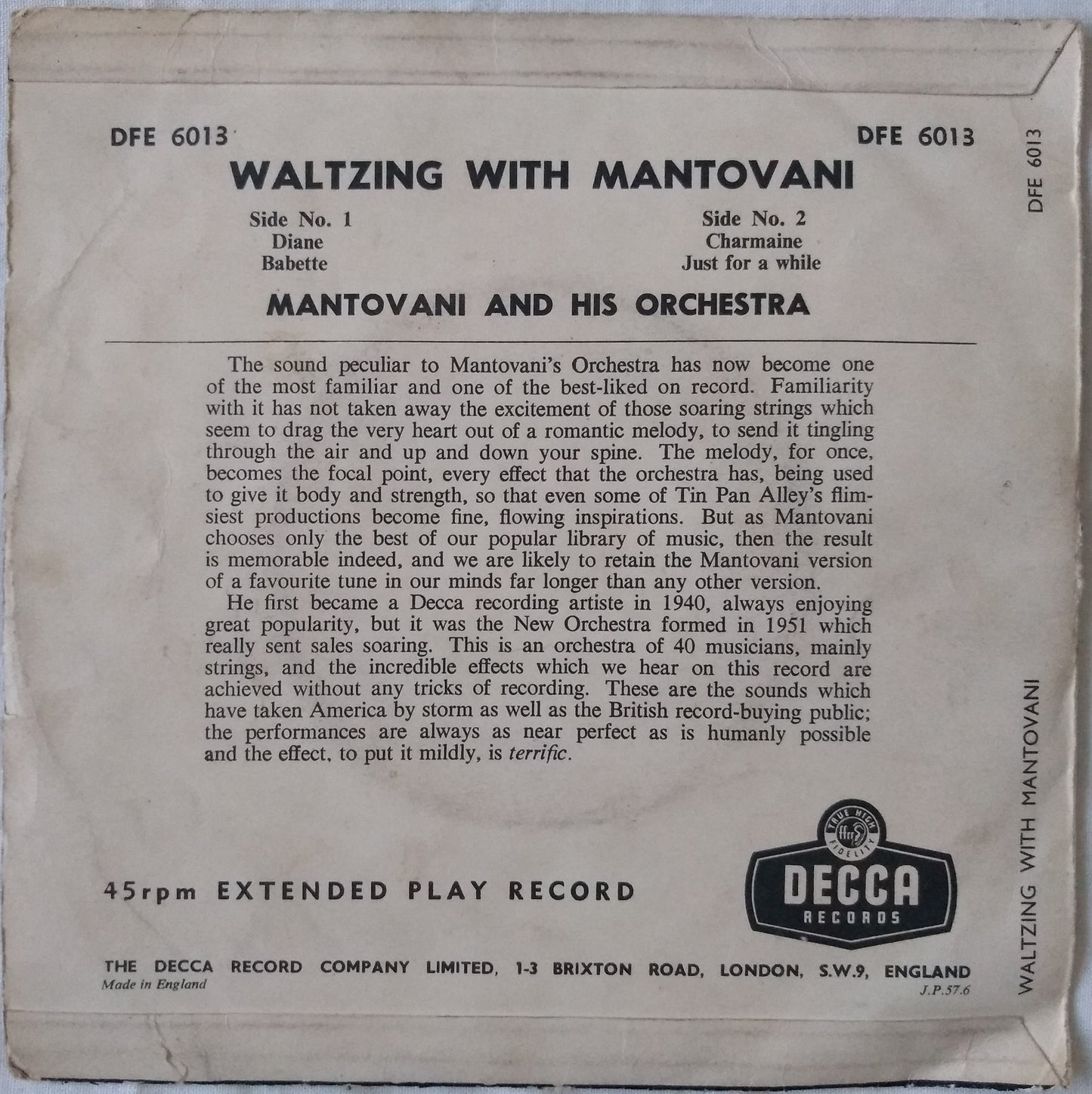 Mantovani And His Orchestra ‎– Waltzing With Mantovani (1955) 7" vinyl EP VG/VG