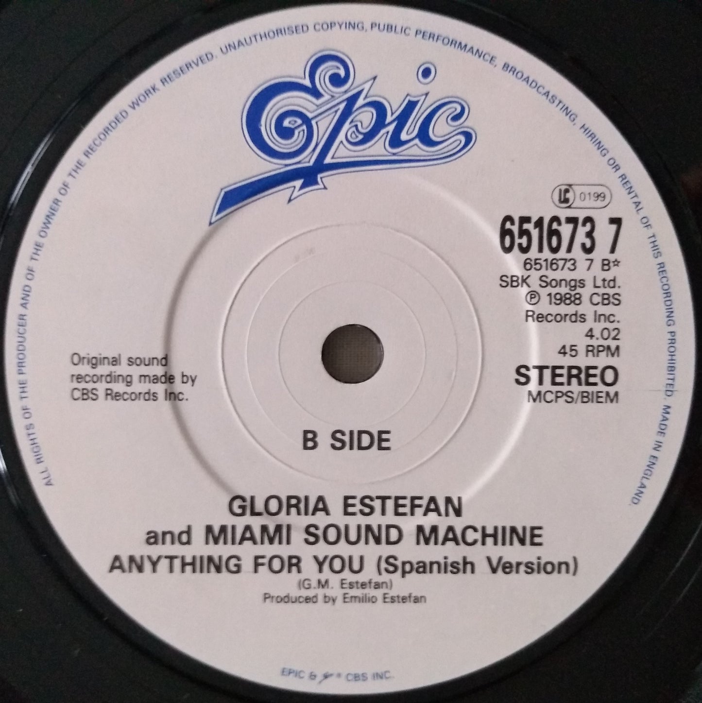 Gloria Estefan And Miami Sound Machine ‎– Anything For You 7" vinyl single VG/-