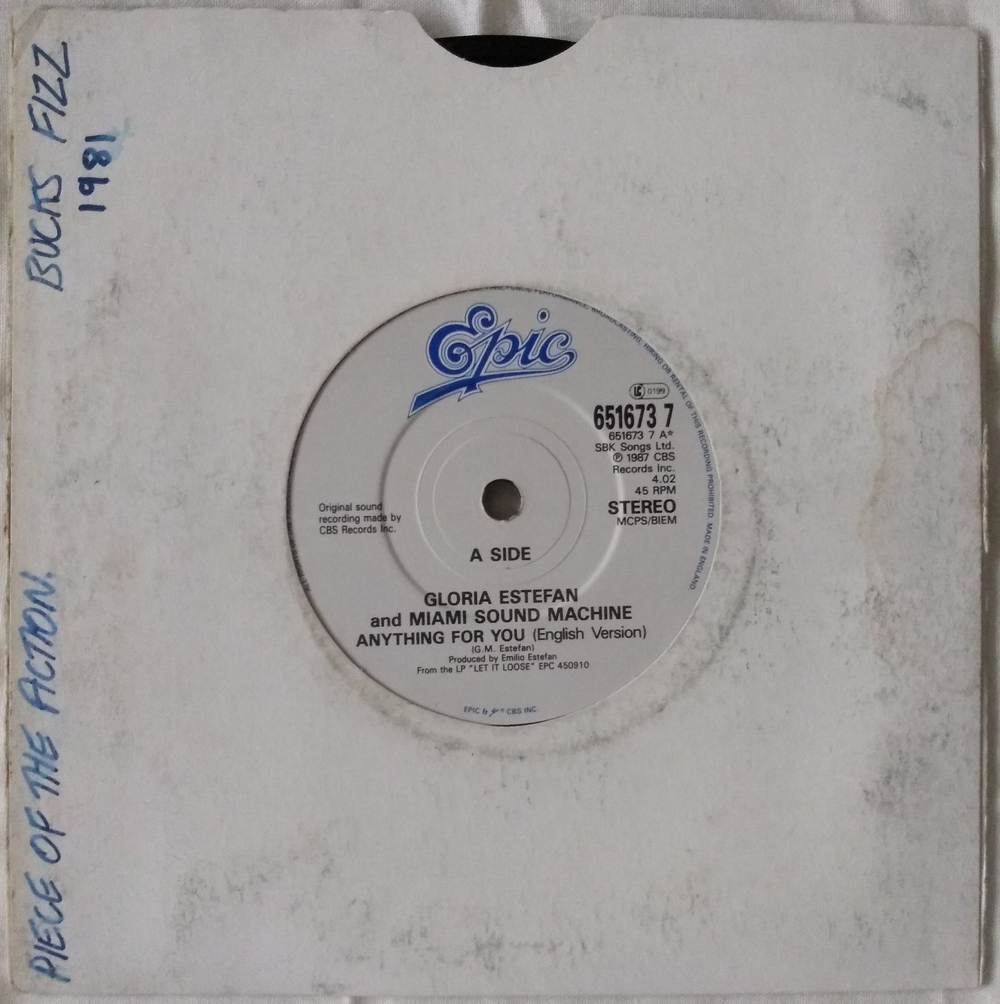 Gloria Estefan And Miami Sound Machine ‎– Anything For You 7" vinyl single VG/-