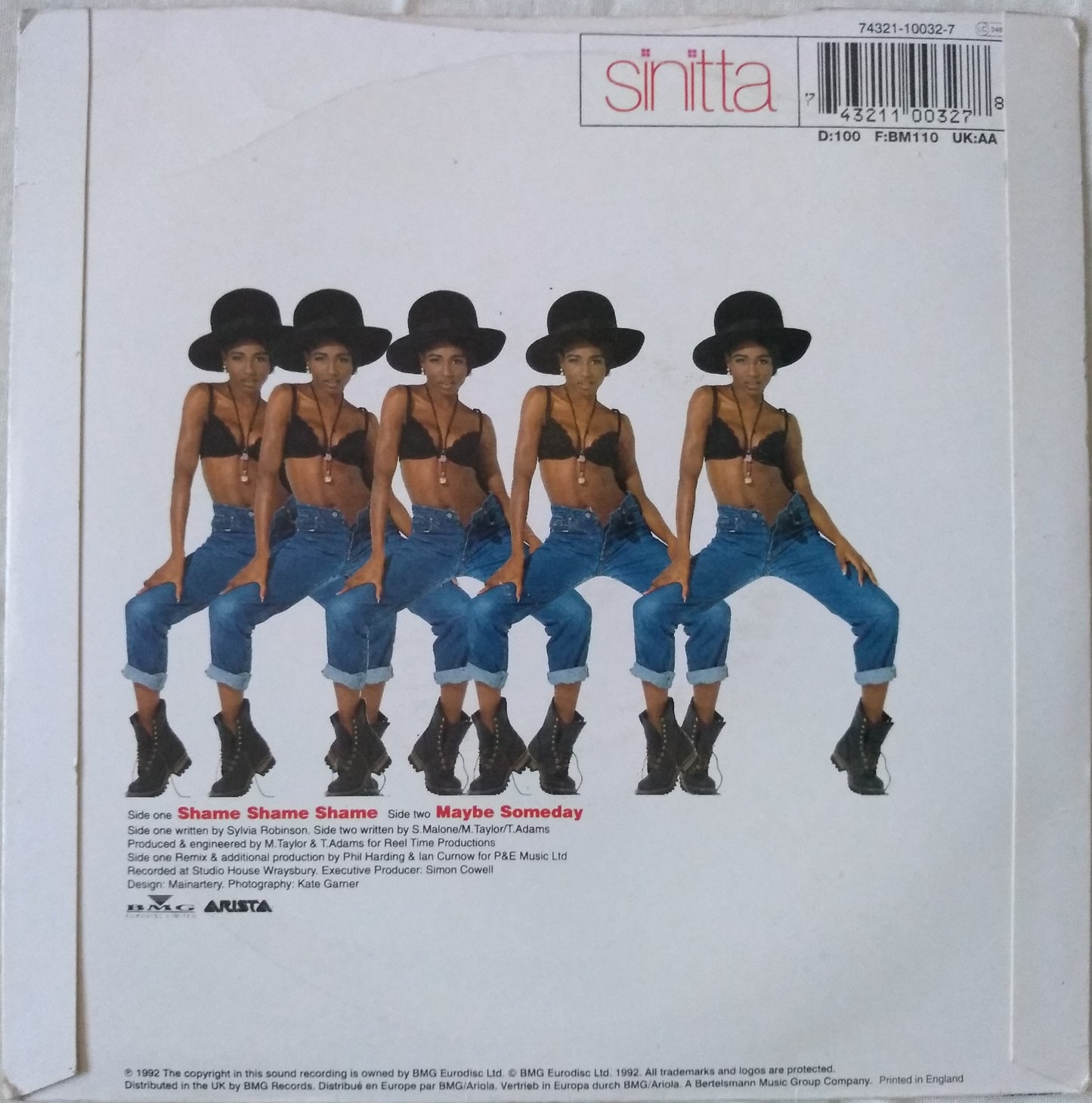 Sinitta - Shame Shame Shame (Arista 1992) 7" vinyl single VG/VG