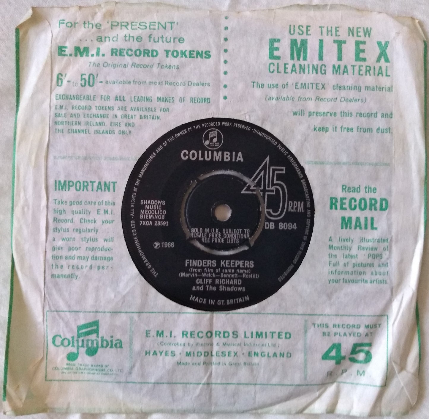 Cliff Richard And The Shadows - In The Country (Columbia) 7" vinyl single VG/VG