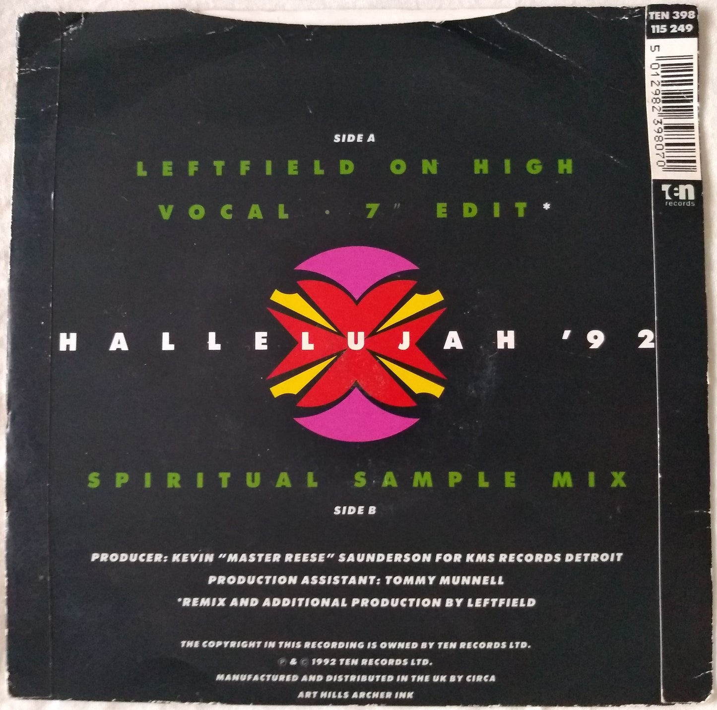 Inner City - Hallelujah 92 (Ten 1992) 7" vinyl single VG/VG