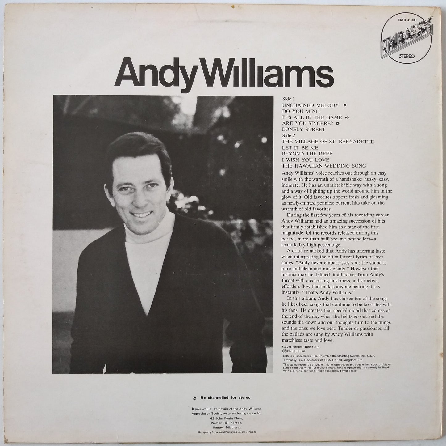 Andy Williams ‎– Andy Williams (Embassy 1973) 12" vinyl LP VG/VG