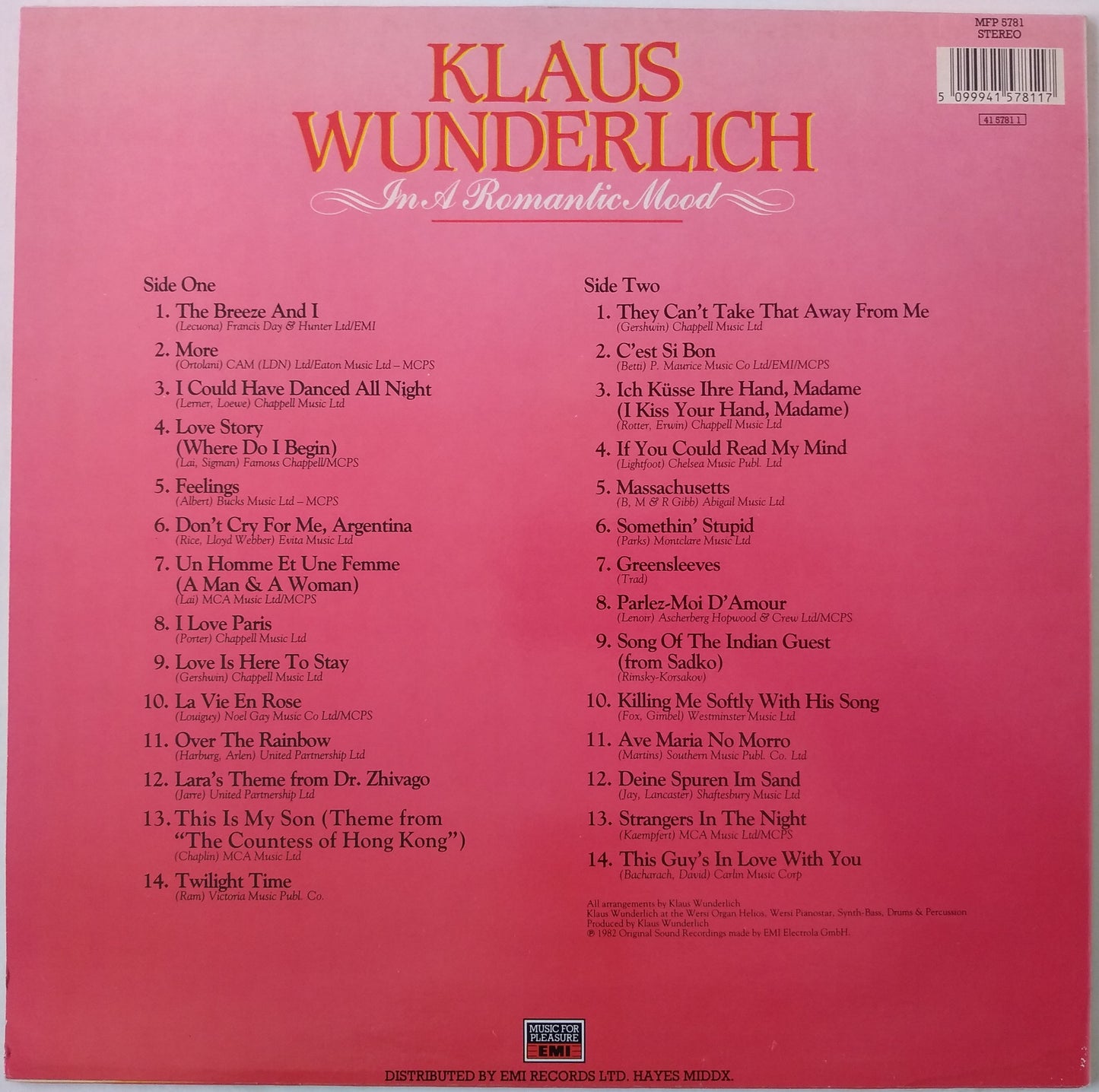 Klaus Wunderlich ‎– In A Romantic Mood (EMI 1982) 12" vinyl LP VG/VG