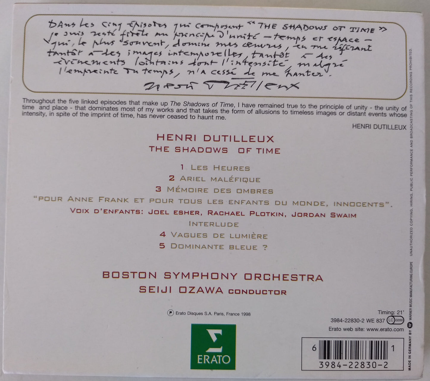 Henri Dutilleux, Ozawa - The Shadows Of Time (1998) CD album