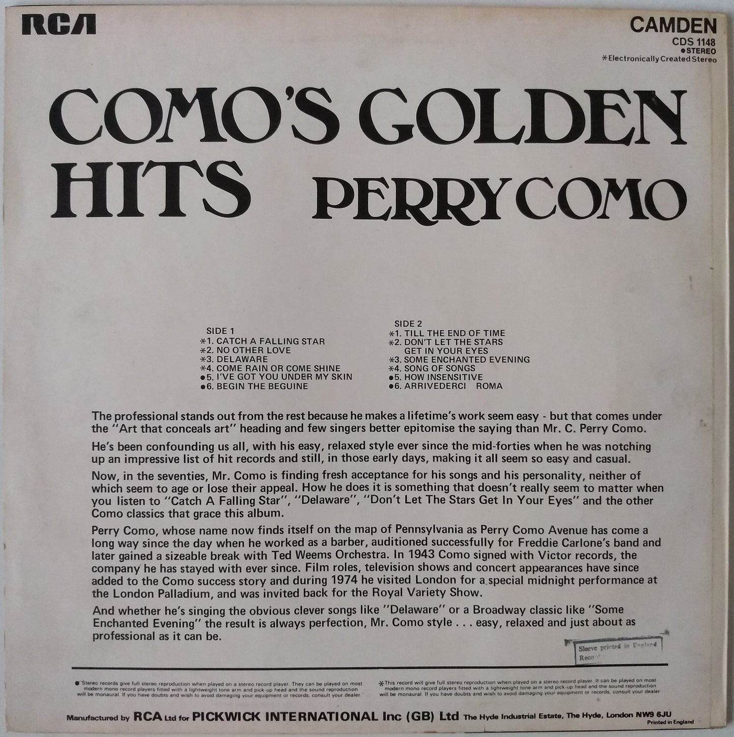 Perry Como – Como's Golden Hits (RCA Camden) 12" vinyl LP VG/VG