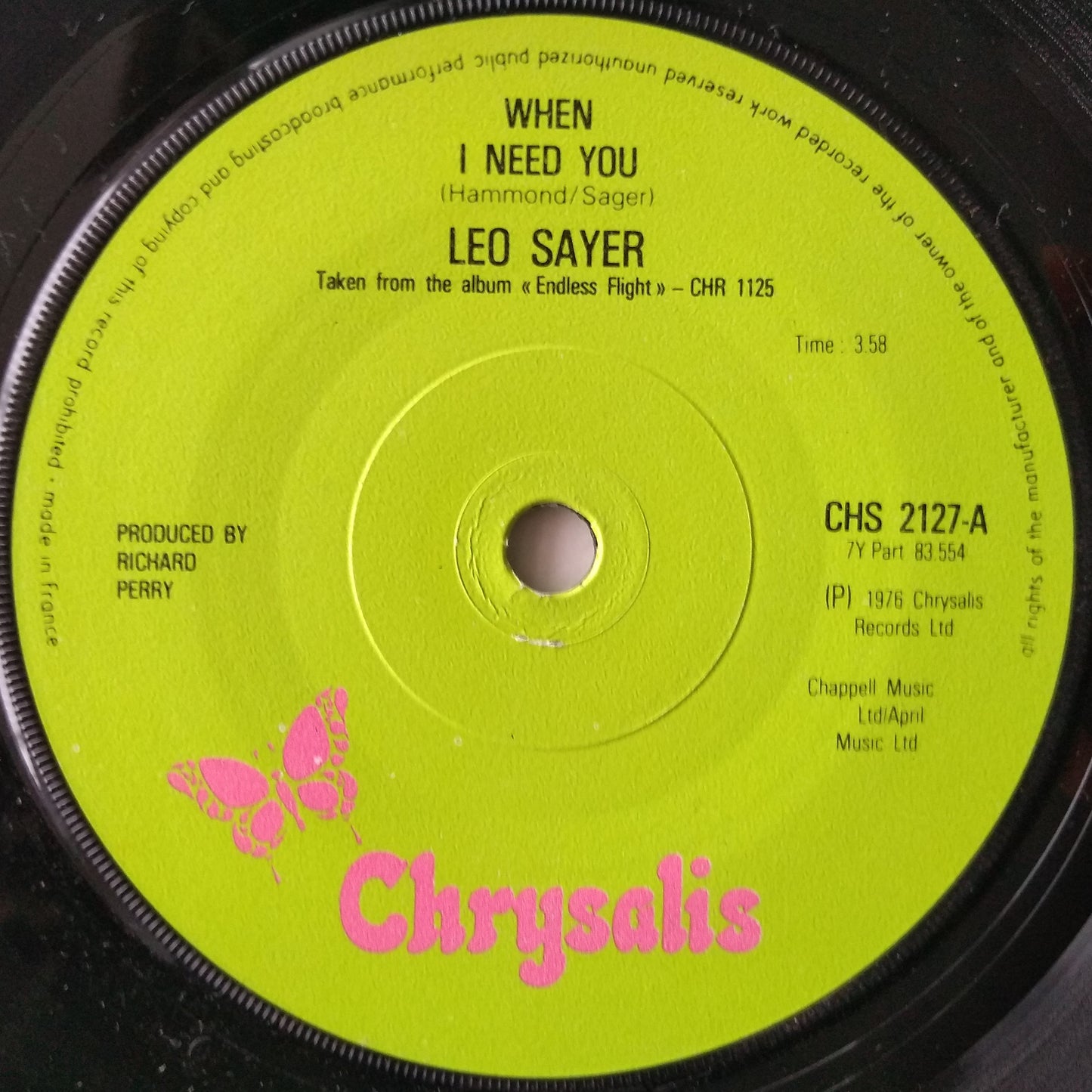 Leo Sayer – When I Need You (Chrysalis 1976) 7" vinyl single VG/VG