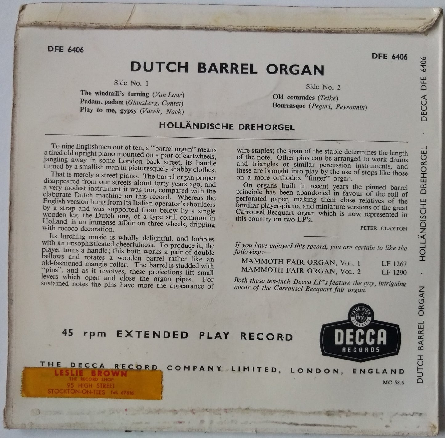 Unknown Artist - Dutch Barrel Organ (Decca 1958) 7” vinyl EP VG/VG