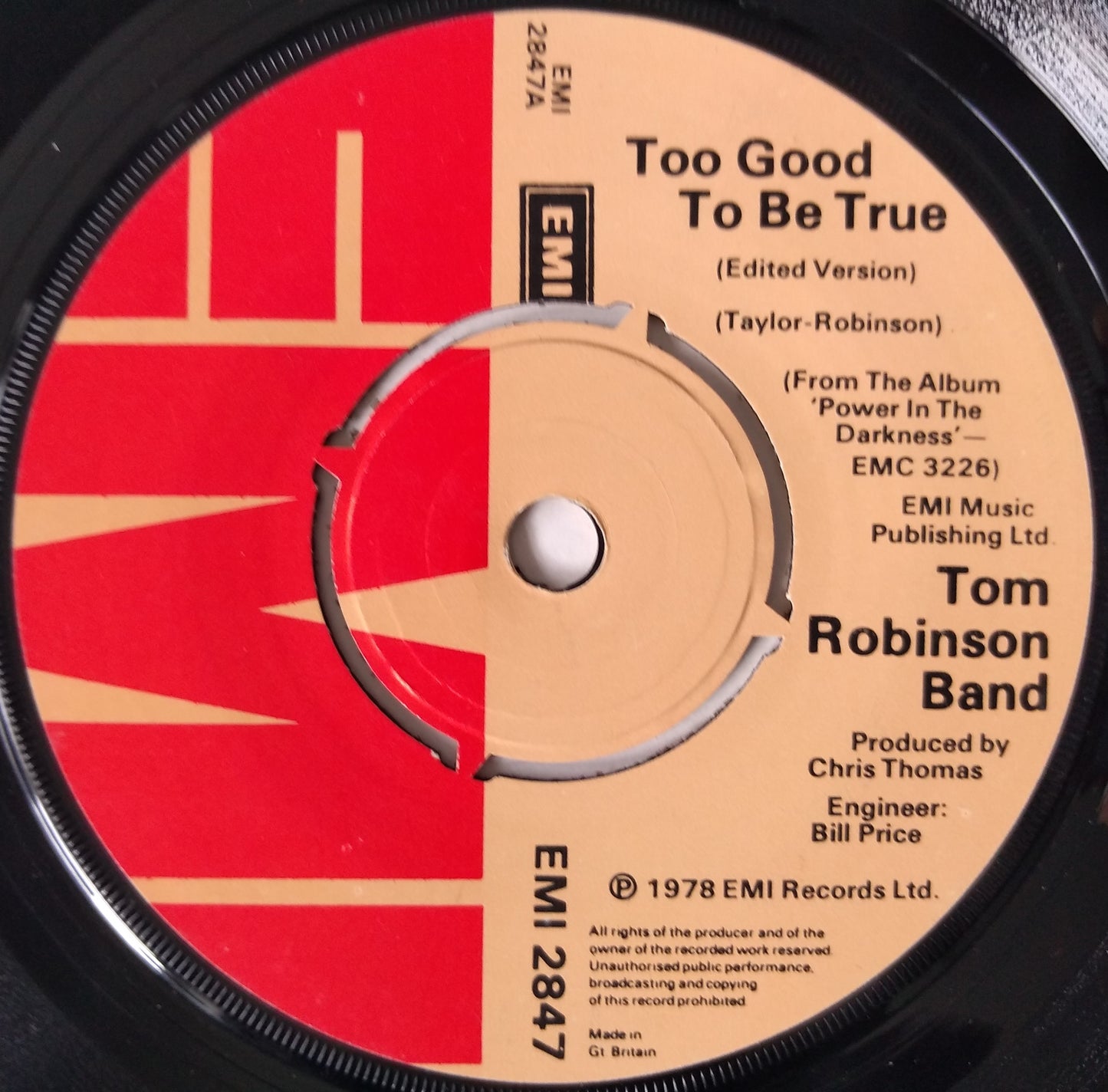 Tom Robinson Band - Too Good To Be True (EMI 1978) 7" vinyl single VG/-