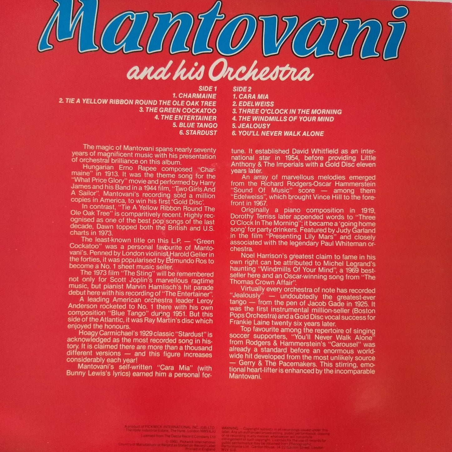 Mantovani And His Orchestra - Beautiful Music (Contour 1981) 12" vinyl LP VG/VG