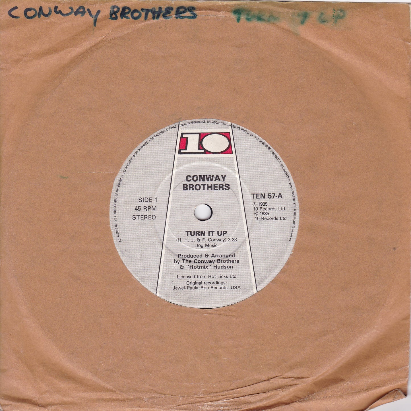 The Conway Brothers ‎– Turn It Up (10 1985) 7" vinyl single G+/-