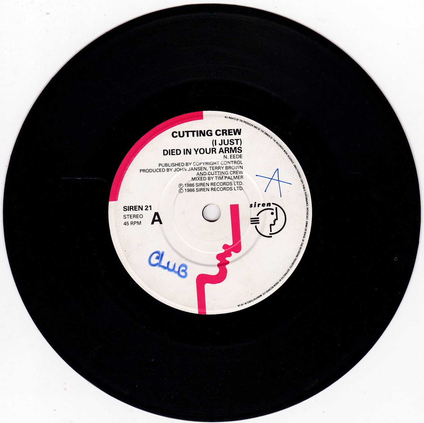 Cutting Crew ‎– (I Just) Died In Your Arms (Siren 1986) 7" vinyl single G+/-