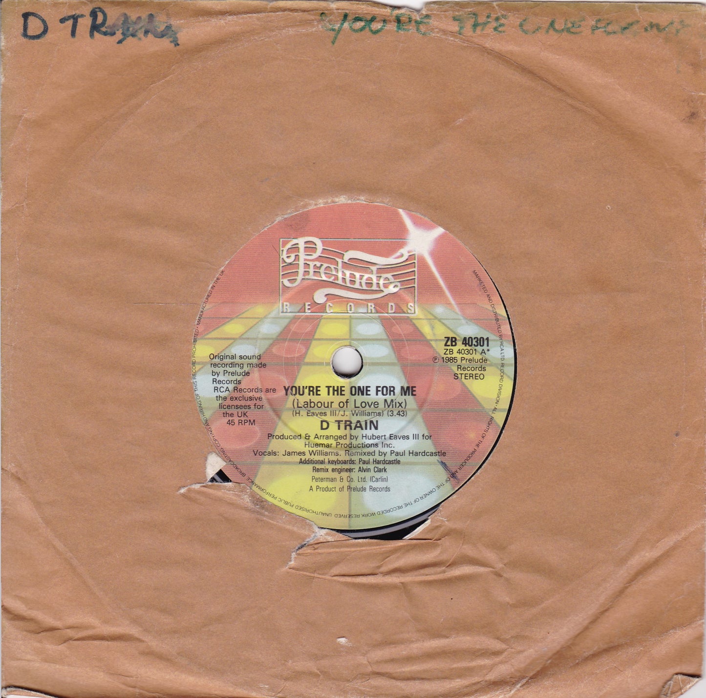 D-Train ‎– You're The One For Me (Labour Of Love Mix) (Prelude 1985) 7" vinyl single G+/-