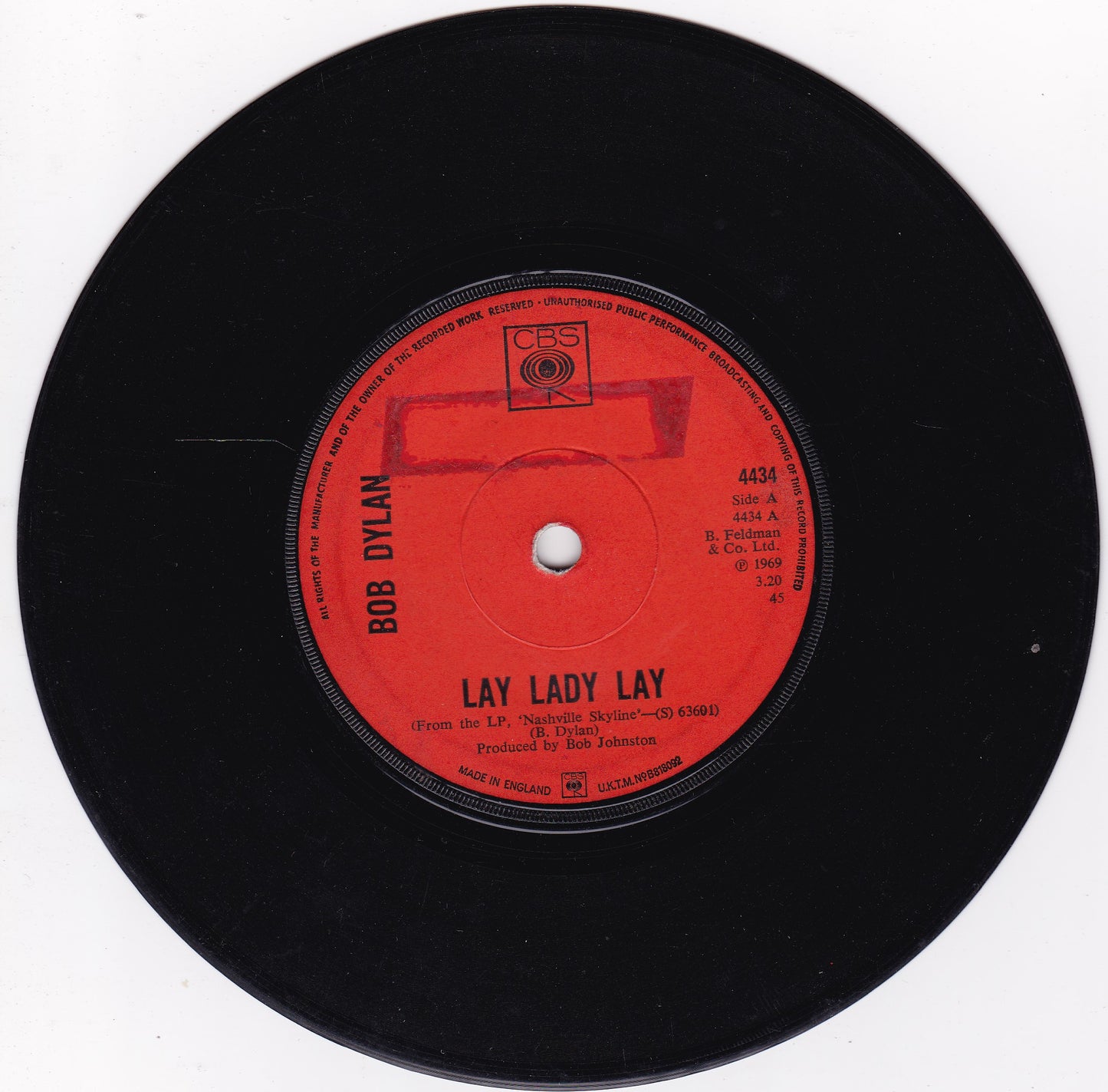 Bob Dylan ‎– Lay Lady Lay (CBS 1969) 7" vinyl single G+/-