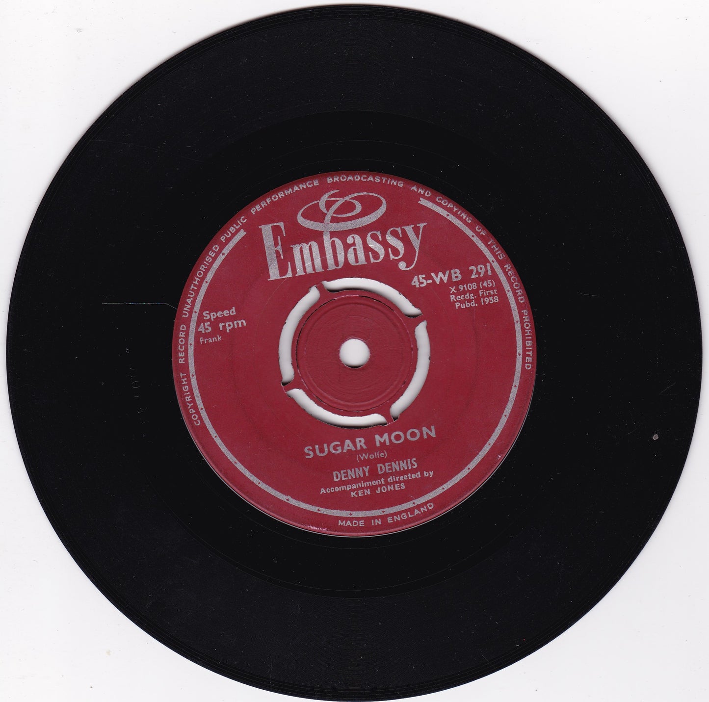 Denny Dennis – Sugar Moon (Embassy 1958) 7" vinyl single G+/-