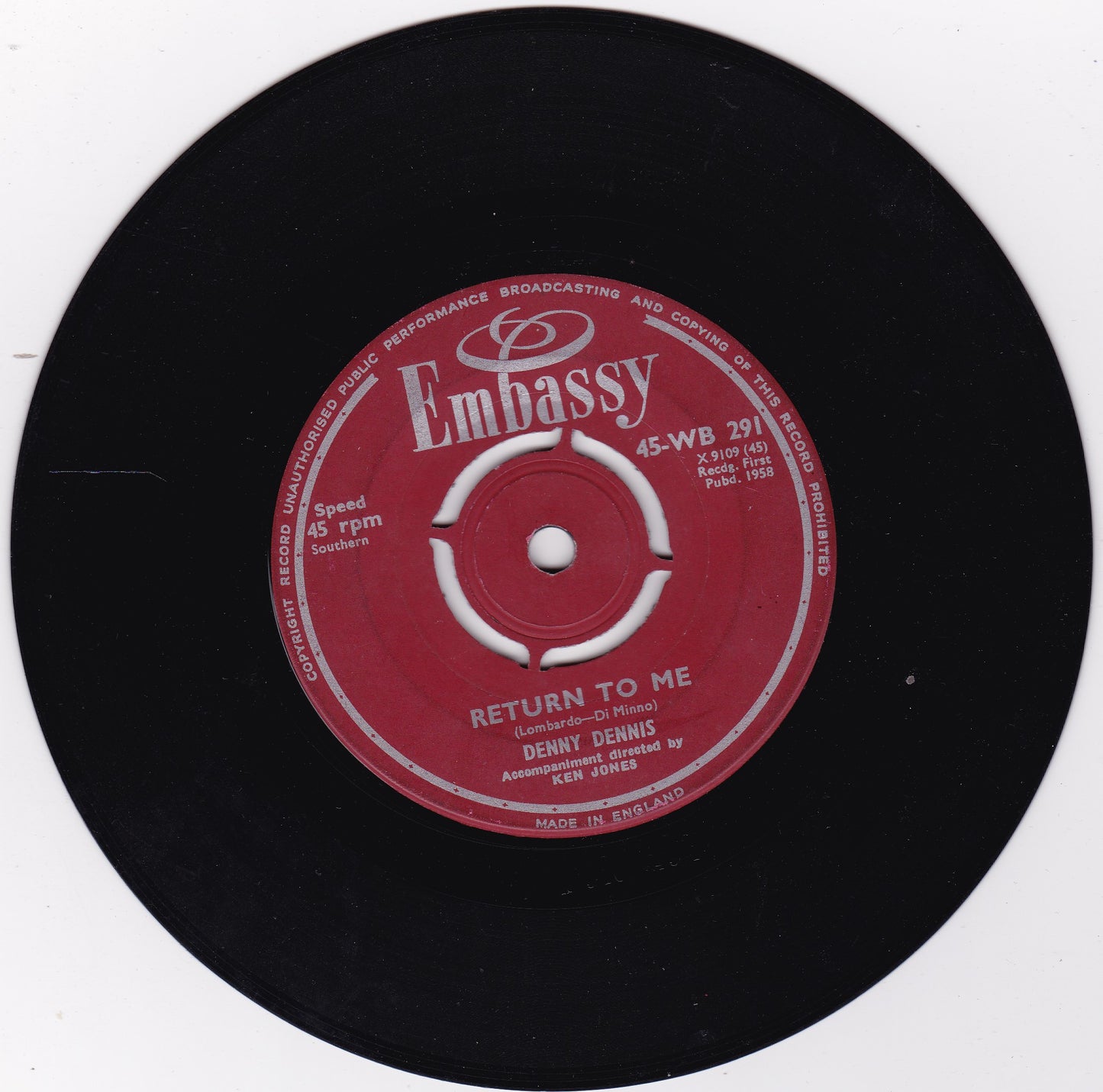 Denny Dennis – Sugar Moon (Embassy 1958) 7" vinyl single G+/-