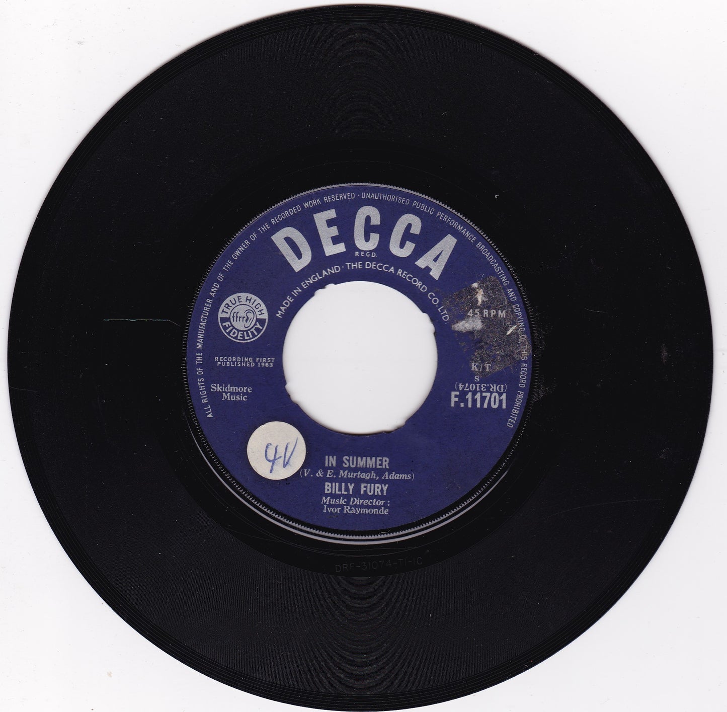 Billy Fury ‎– In Summer (Decca 1963) 7" vinyl single G+/- jukebox centre