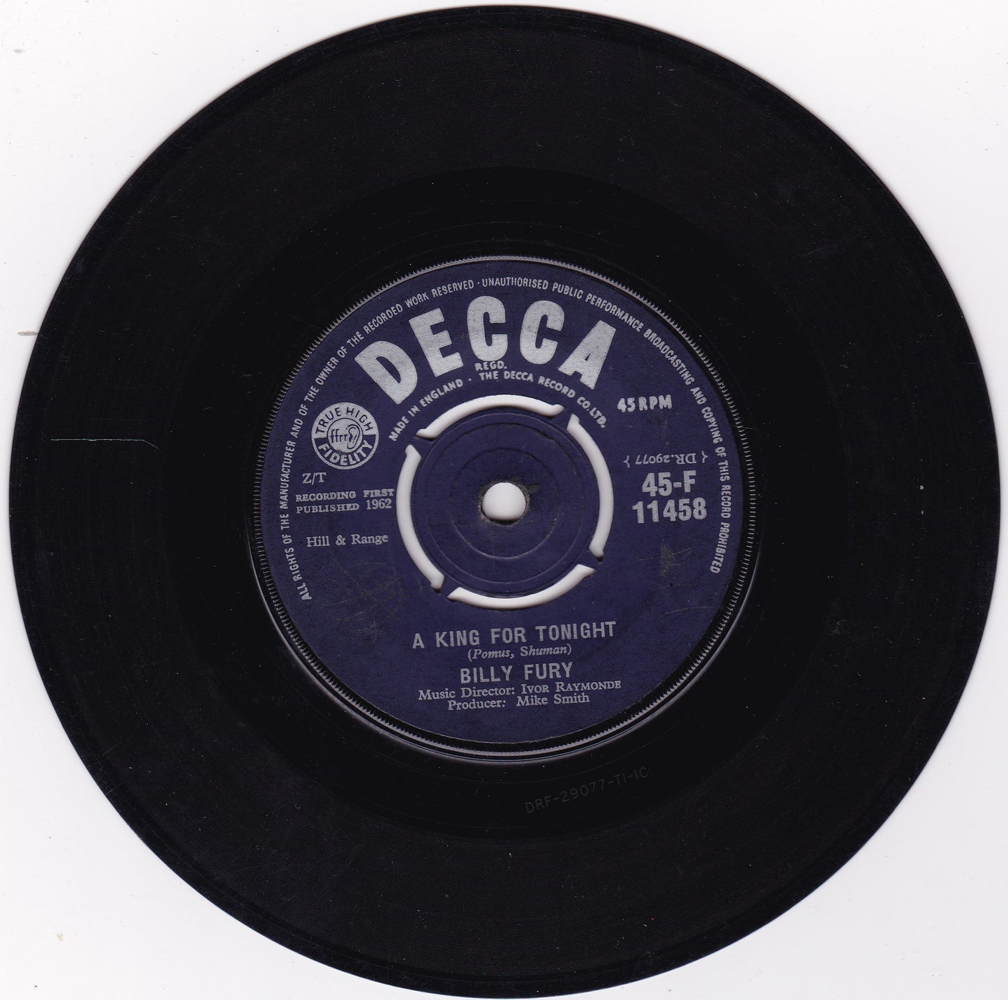 Billy Fury ‎– Last Night Was Made For Love (Decca 1962) 7" vinyl single G+/-