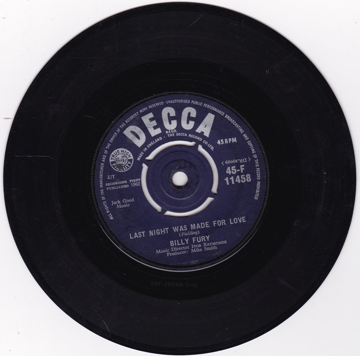 Billy Fury ‎– Last Night Was Made For Love (Decca 1962) 7" vinyl single G+/-