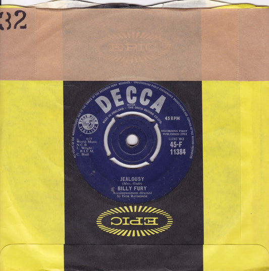 Billy Fury ‎– Jealousy (Decca 1961) 7" vinyl single G+/-