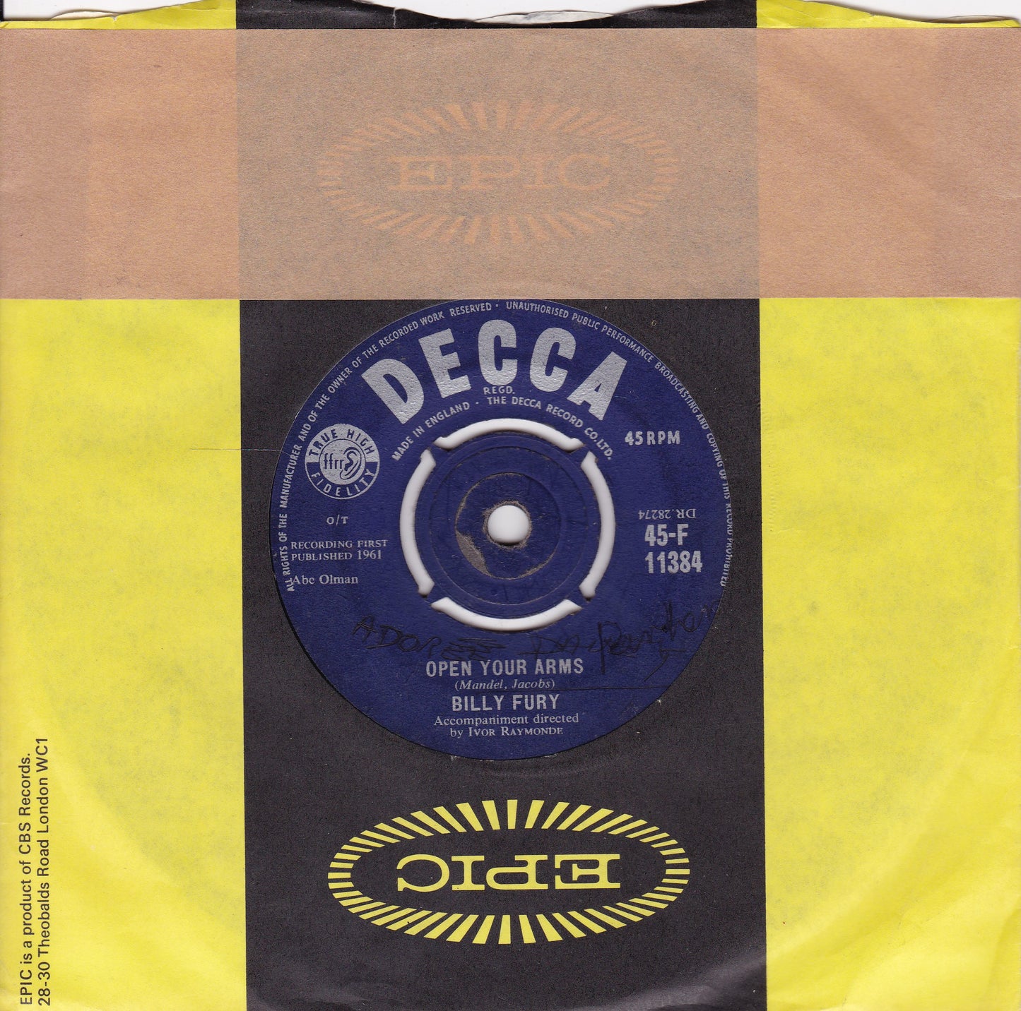 Billy Fury ‎– Jealousy (Decca 1961) 7" vinyl single G+/-