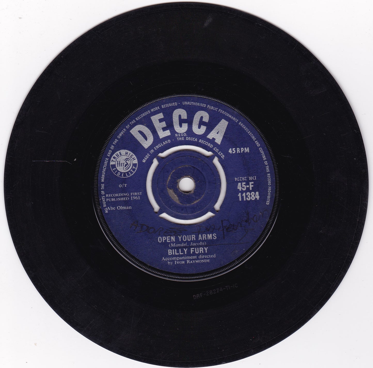 Billy Fury ‎– Jealousy (Decca 1961) 7" vinyl single G+/-