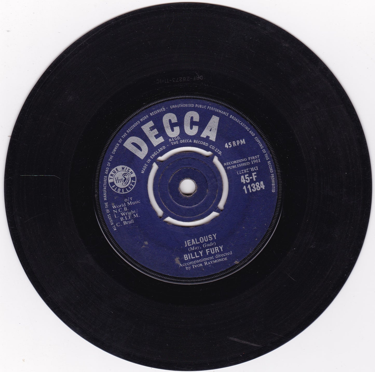 Billy Fury ‎– Jealousy (Decca 1961) 7" vinyl single G+/-