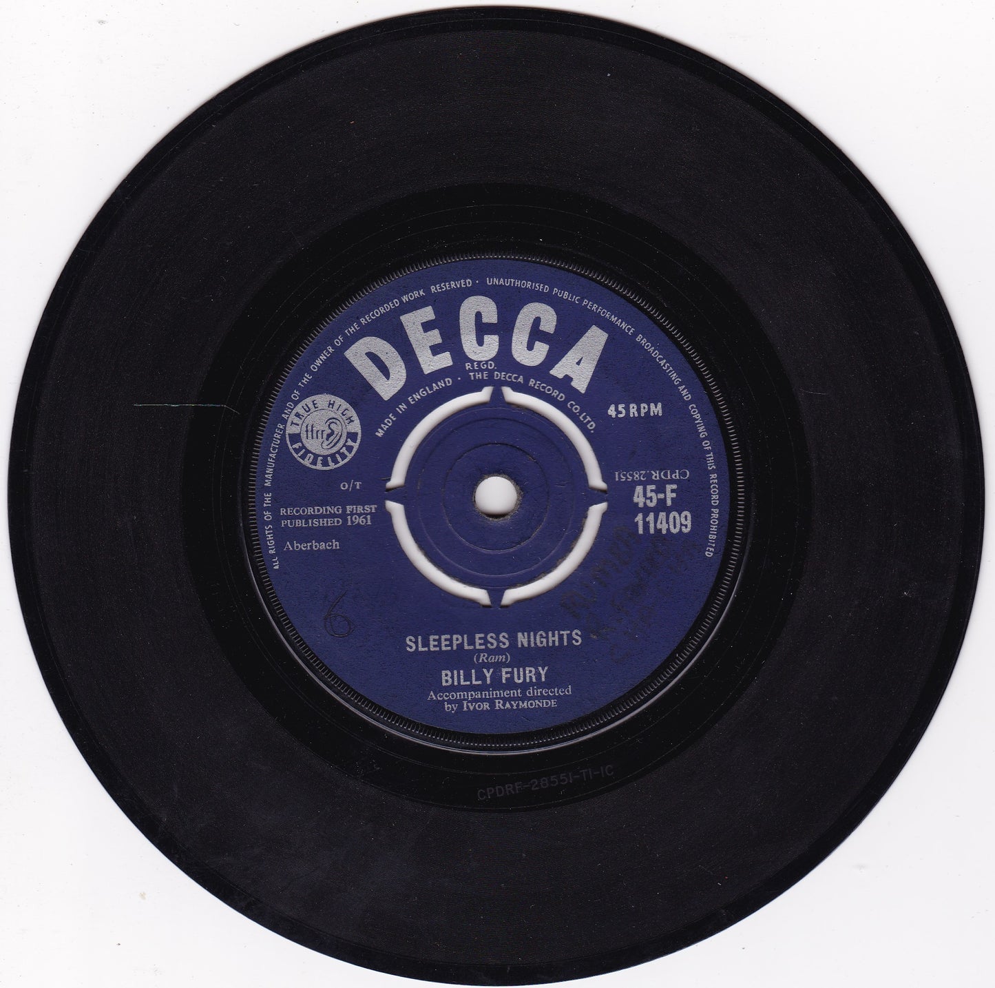 Billy Fury ‎– I'd Never Find Another You (Decca 1961) 7" vinyl single G+/-