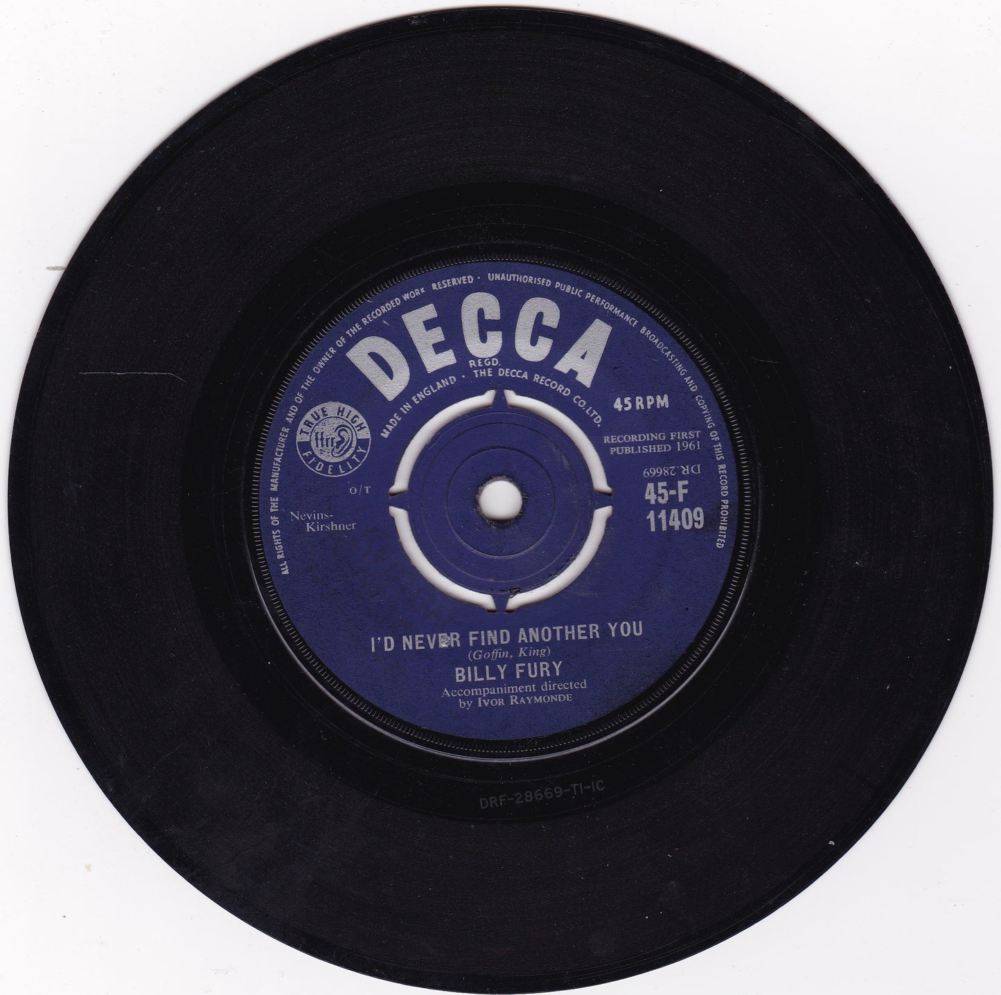 Billy Fury ‎– I'd Never Find Another You (Decca 1961) 7" vinyl single G+/-