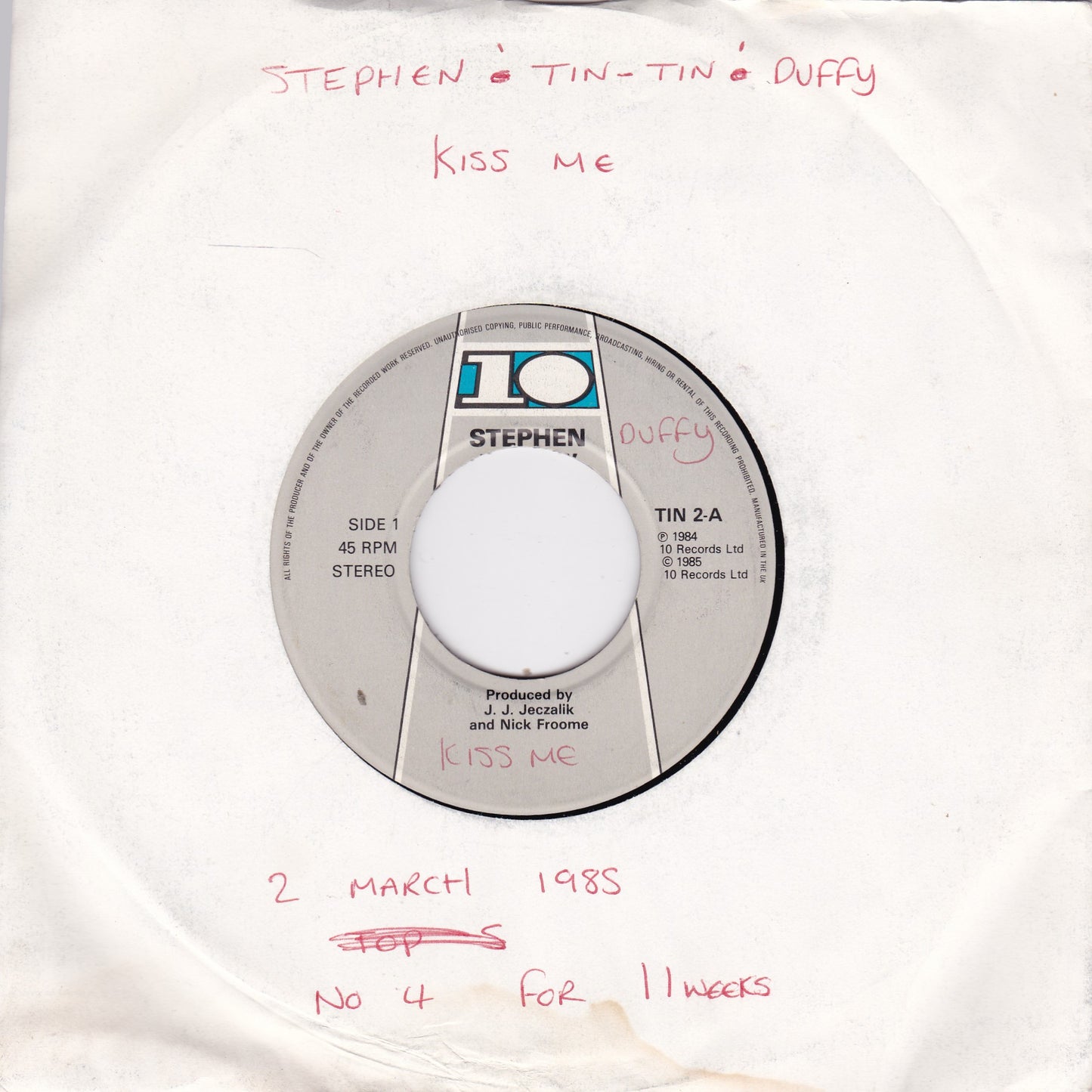 Stephen Tintin Duffy  - Kiss Me (10 1985) 7" vinyl single VG/- jukebox centre