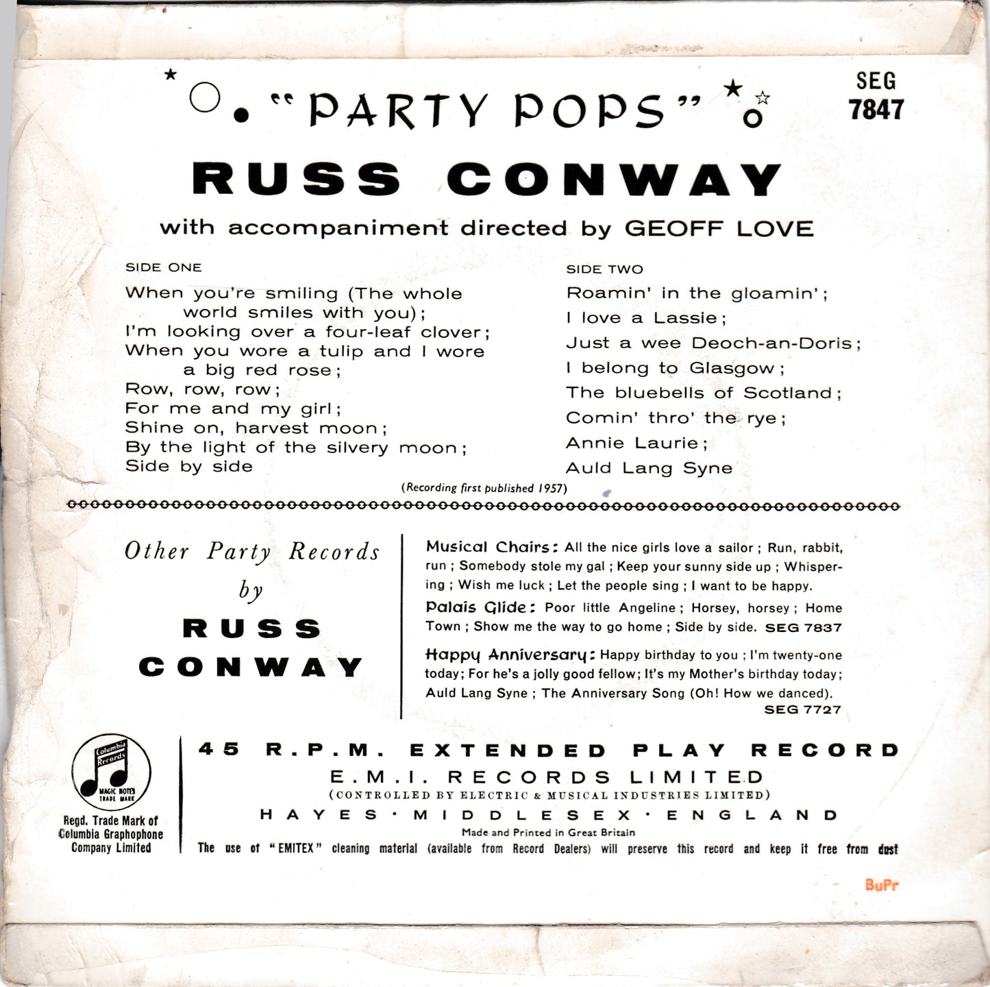 Russ Conway – Party Pops (Columbia, 1958) 7" vinyl EP VG/G+