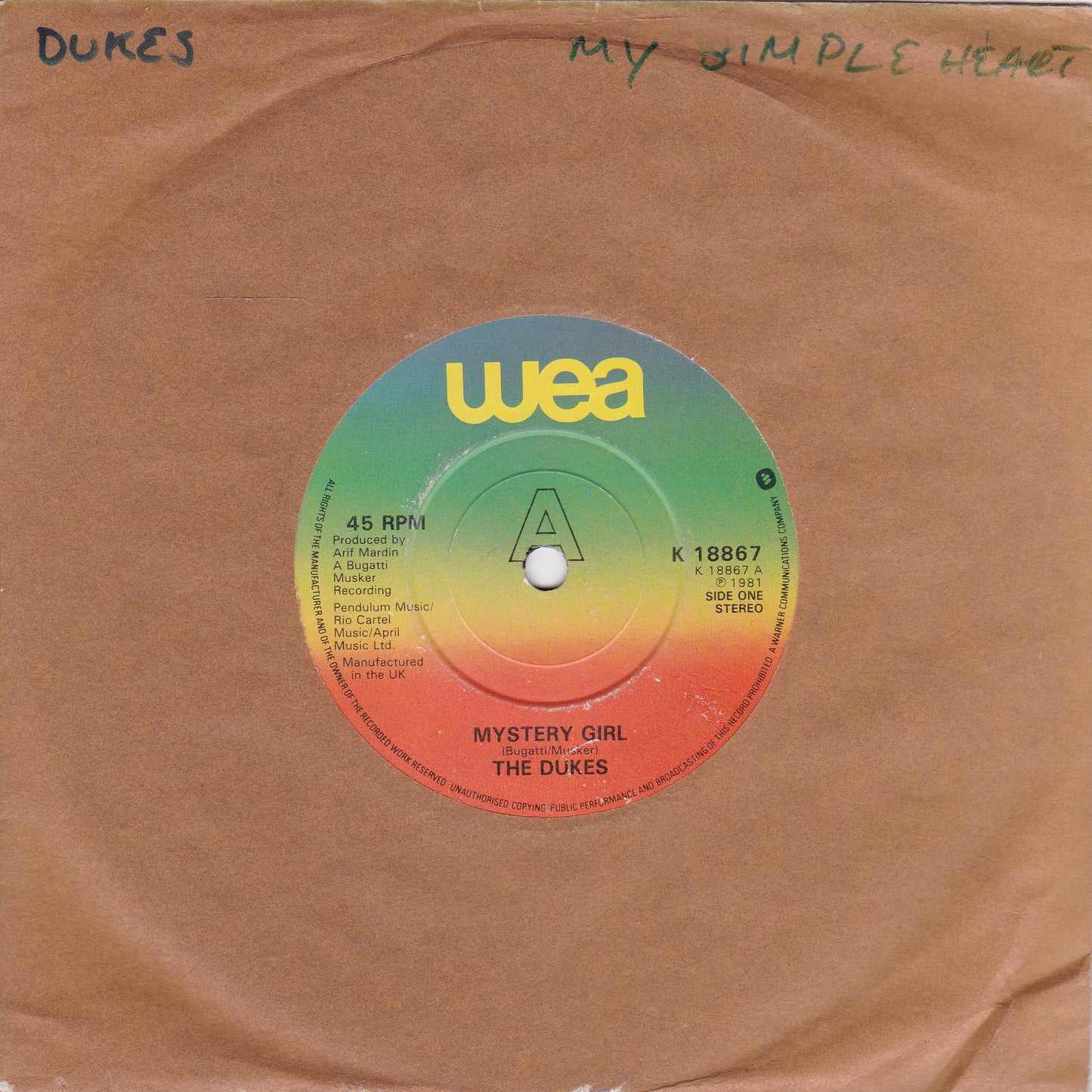 The Dukes ‎– Mystery Girl (WEA 1981) 7" vinyl single G+/-