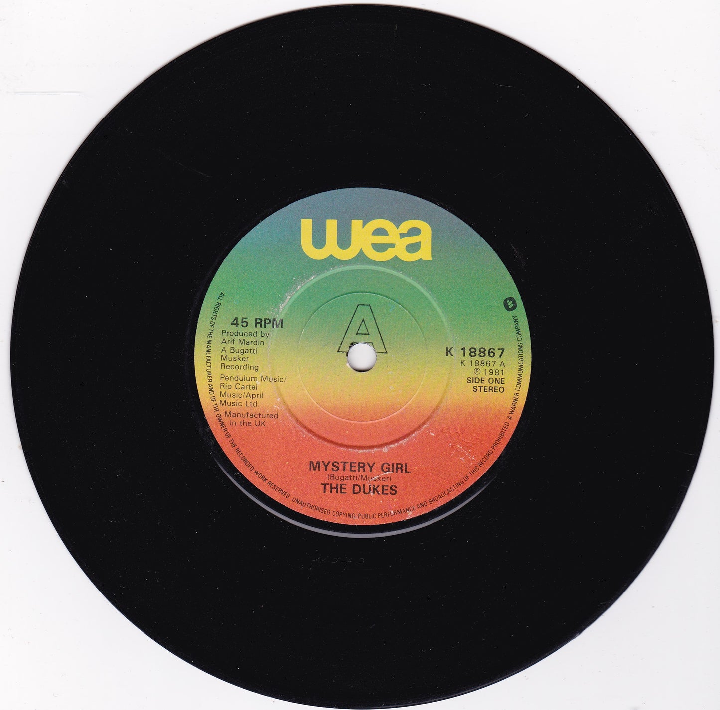 The Dukes ‎– Mystery Girl (WEA 1981) 7" vinyl single G+/-