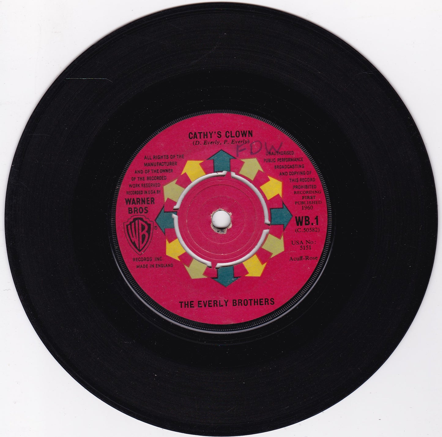 The Everly Brothers ‎– Cathy's Clown (WB 1960) 7" vinyl single G+/