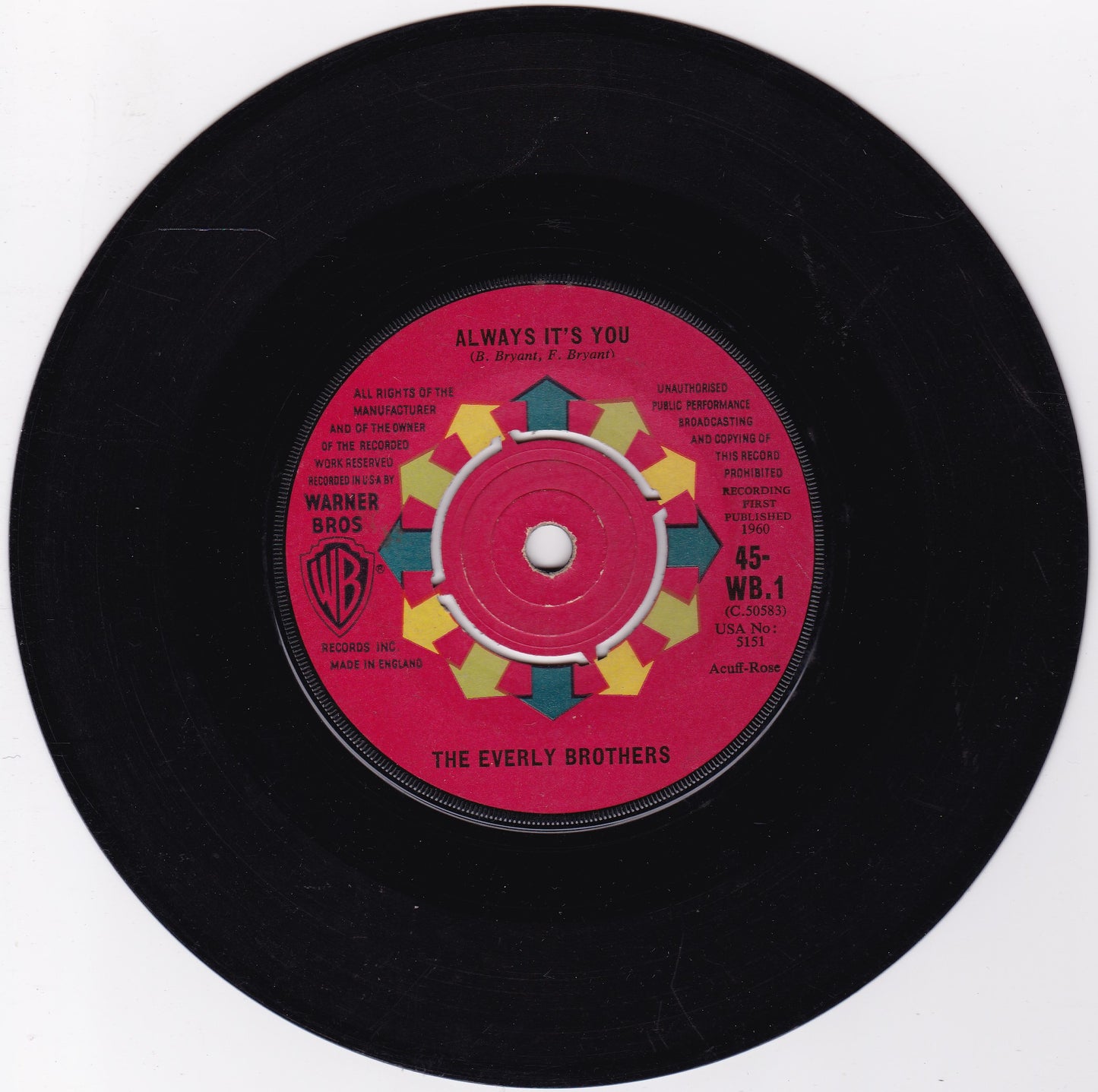 The Everly Brothers ‎– Cathy's Clown (WB 1960) 7" vinyl single G+/