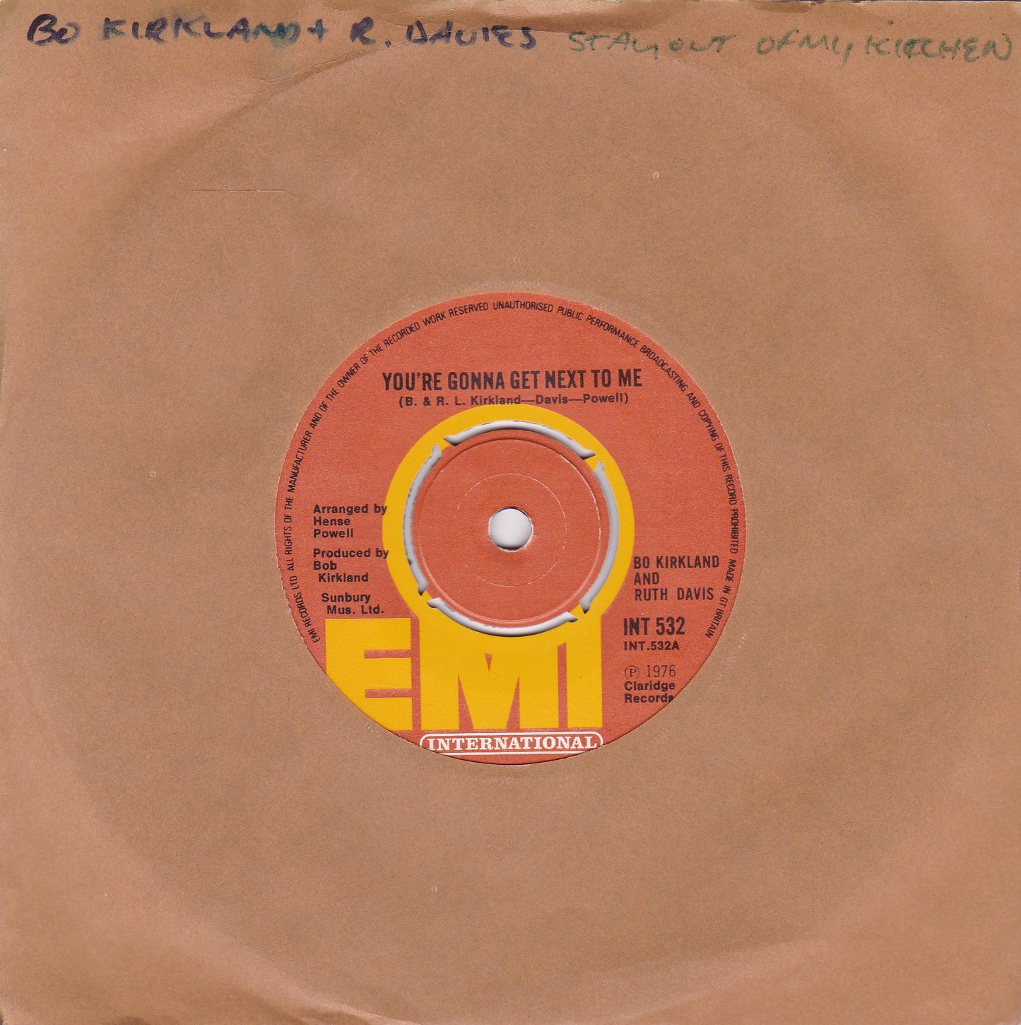 Bo Kirkland & Ruth Davis – You're Gonna Get Next To Me (1976) 7" vinyl single G+/-