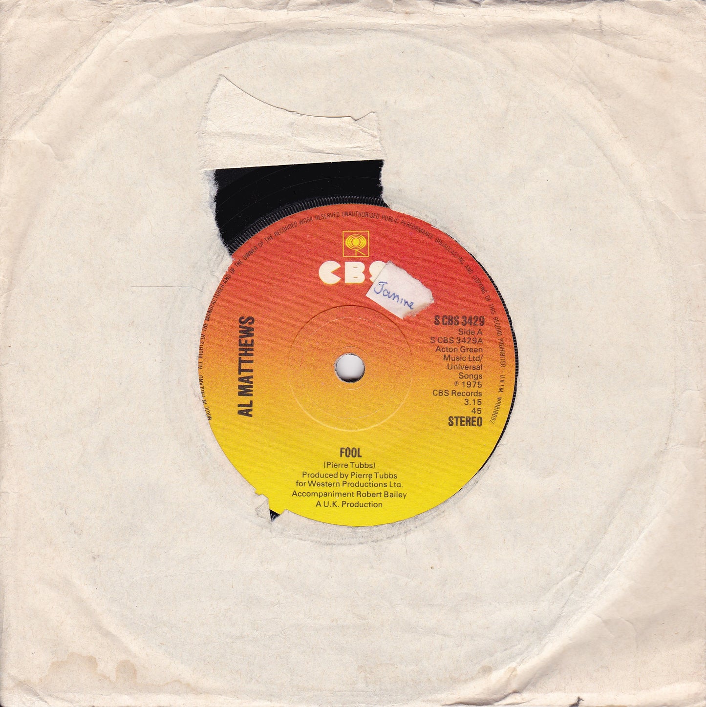 Al Matthews ‎– Fool (CBS 1975) 7" vinyl single G+/-