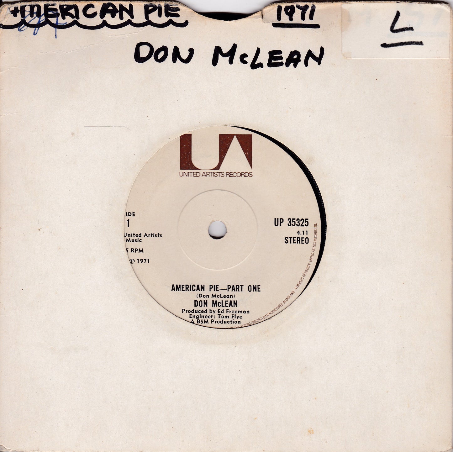 Don McLean ‎– American Pie (UA 1971) 7" vinyl single G+/-