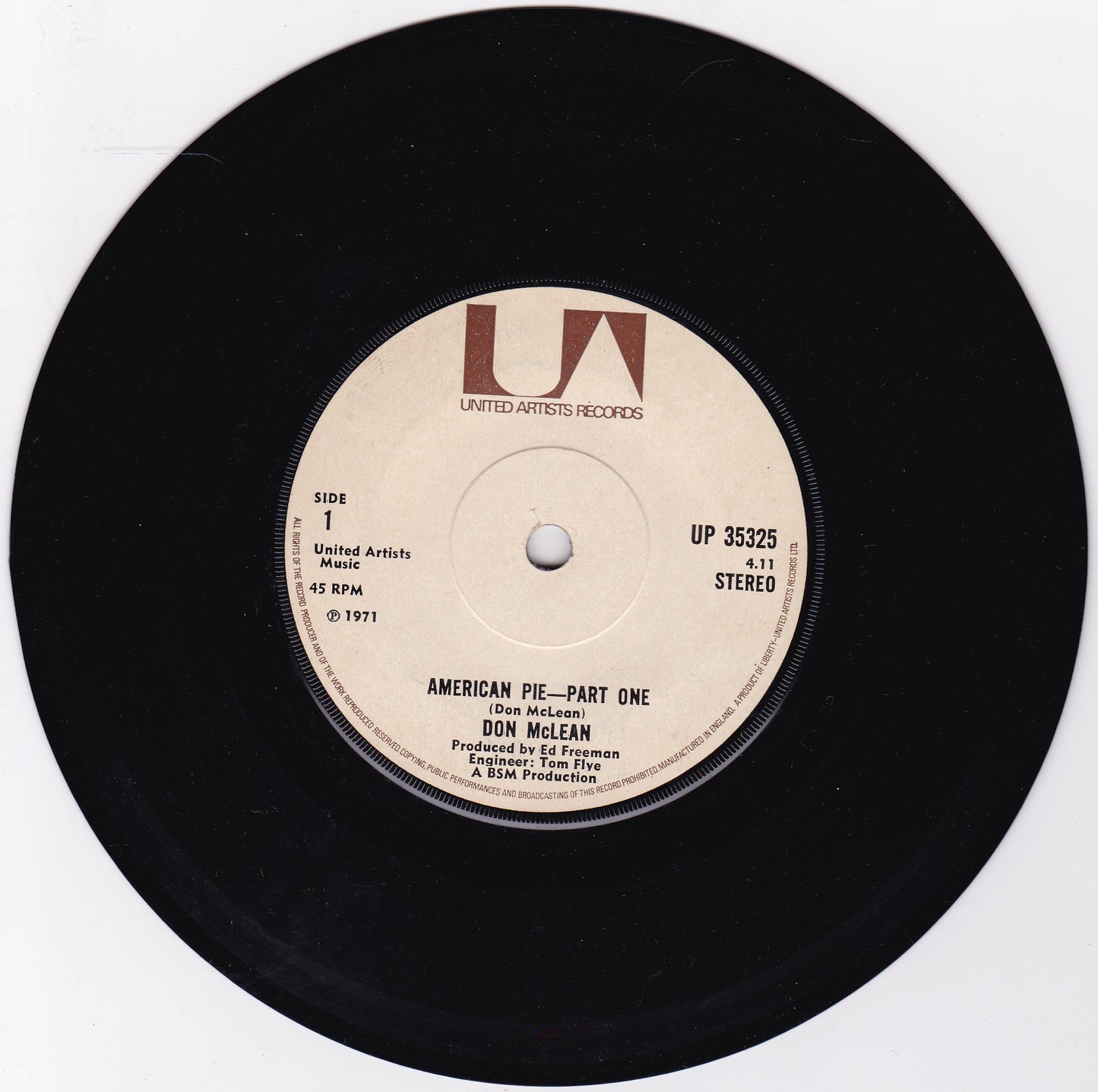 Don McLean ‎– American Pie (UA 1971) 7" vinyl single G+/-