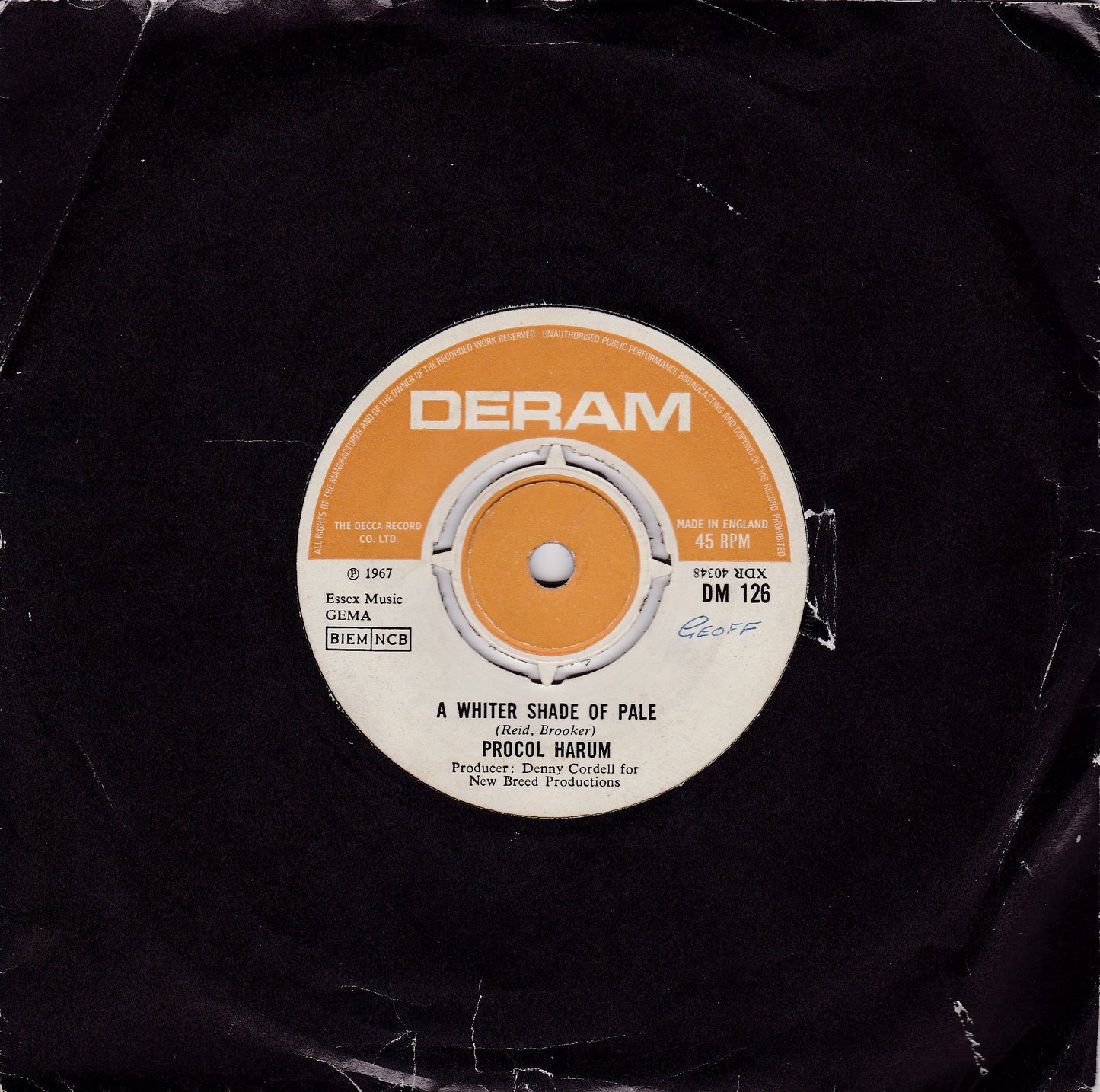 Procol Harum ‎– A Whiter Shade Of Pale (Deram 1967) 7" vinyl single VG/-