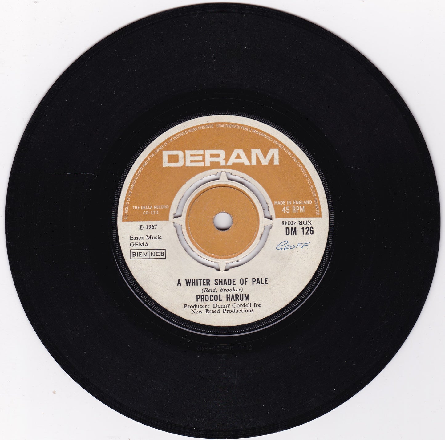 Procol Harum ‎– A Whiter Shade Of Pale (Deram 1967) 7" vinyl single VG/-