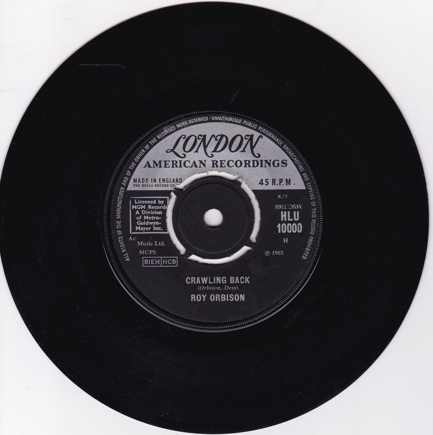 Roy Orbison - Crawling Back (London 1965) 7" vinyl single G+/-