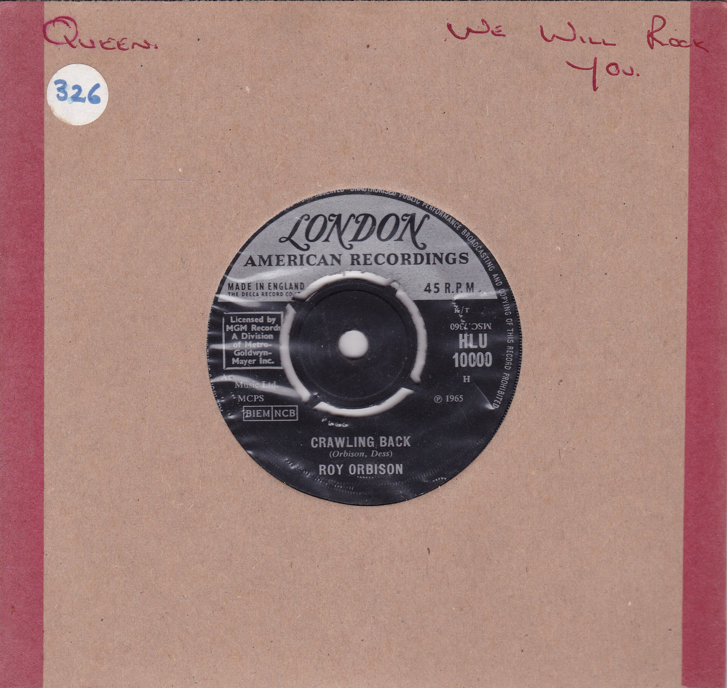 Roy Orbison - Crawling Back (London 1965) 7" vinyl single G+/-