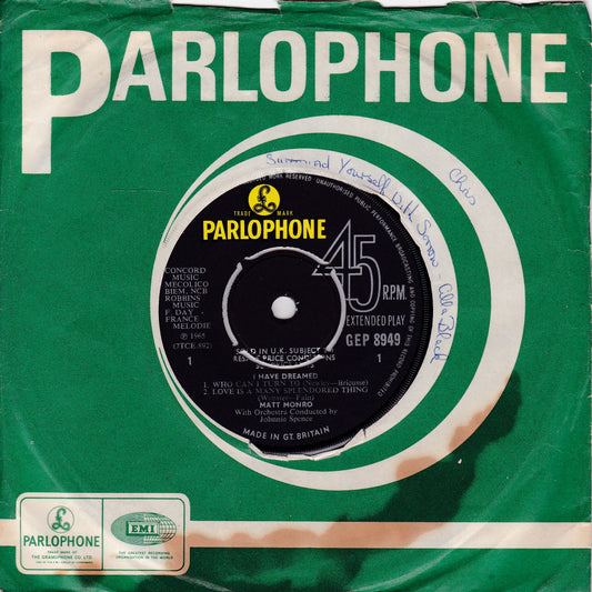 Matt Monro ‎– I Have Dreamed (Parlophone 1966) 7" vinyl EP G+/G+