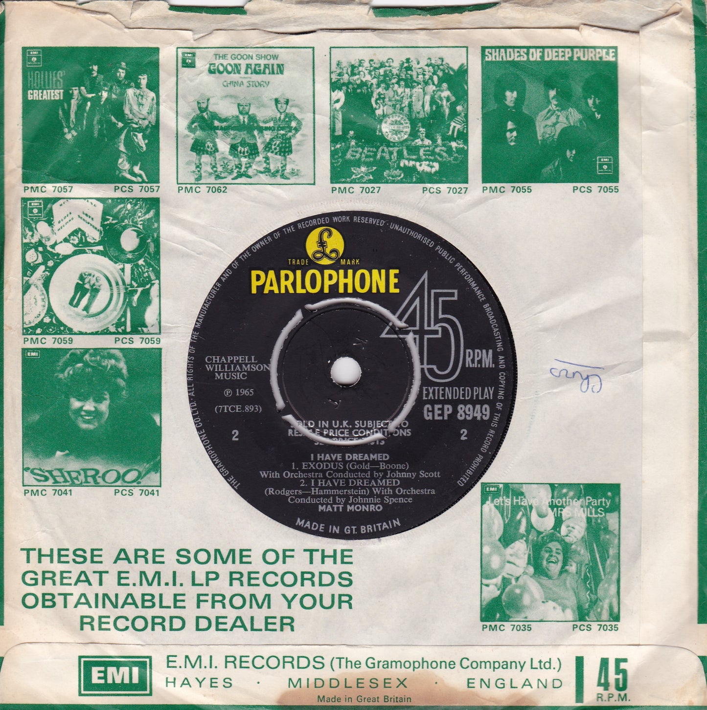 Matt Monro ‎– I Have Dreamed (Parlophone 1966) 7" vinyl EP G+/G+