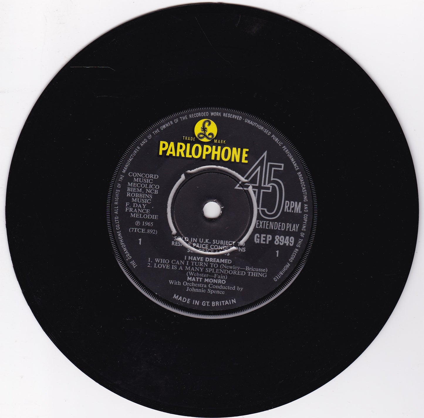 Matt Monro ‎– I Have Dreamed (Parlophone 1966) 7" vinyl EP G+/G+