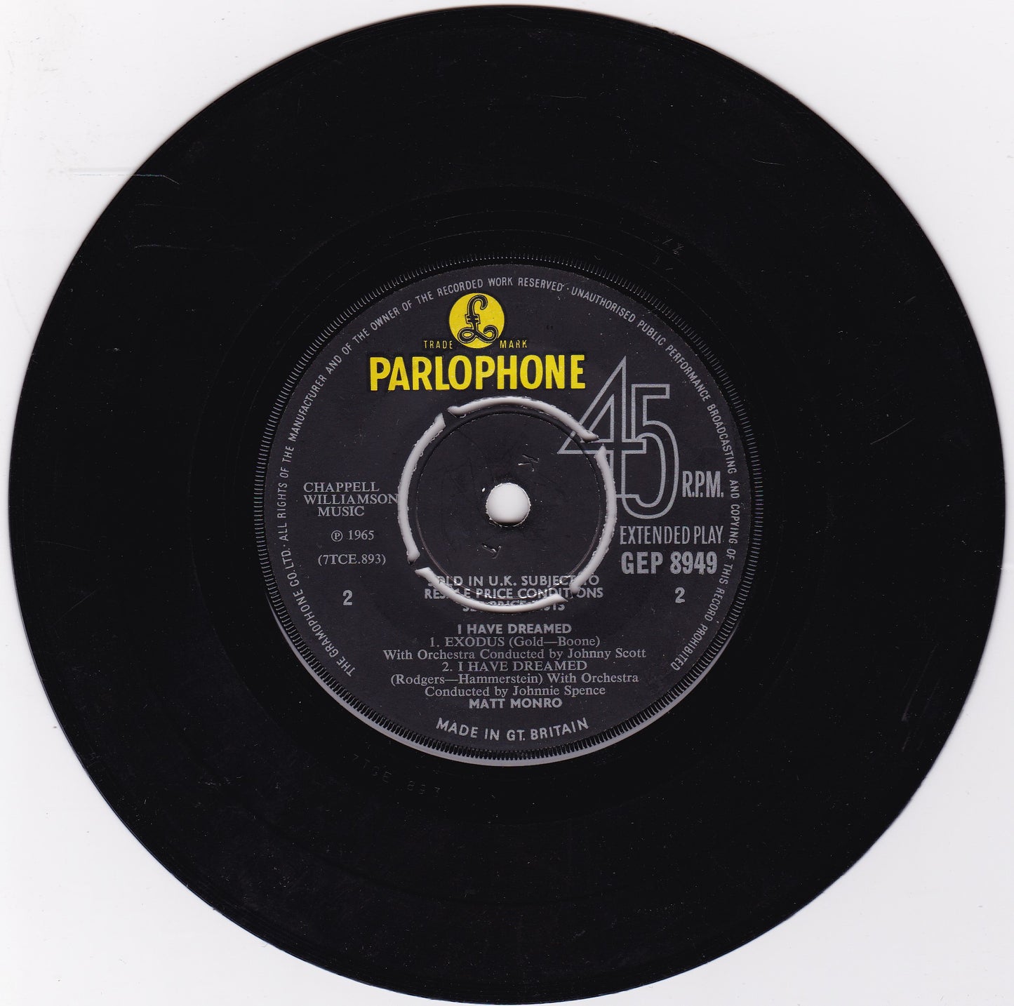 Matt Monro ‎– I Have Dreamed (Parlophone 1966) 7" vinyl EP G+/G+